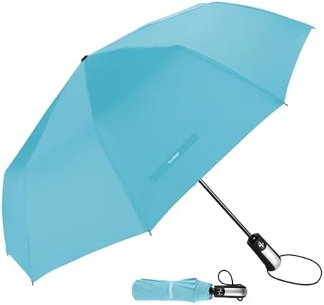TradMall Travel Umbrella Windproof with 46 Inches Large Canopy 10 Reinforced Fiberglass Ribs Ergonomic Handle Auto Open & Close, Sky Blue