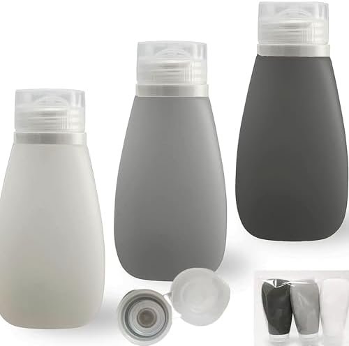 Travel Bottles for Toiletries, TSA Approved 3oz Leak Proof Silicone Refillable Squeeze Travel Size Containers BPA Free for Cleansers, Lotions, Shampoo 3-pk (Black-Gray-White)