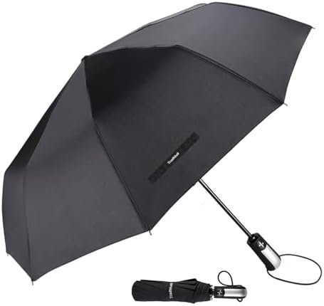 TradMall Travel Umbrella Windproof with 46 Inches Large Canopy 10 Reinforced Fiberglass Ribs Ergonomic Handle Auto Open & Close, Black
