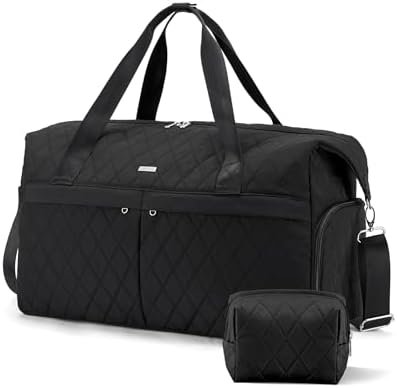 Marvolia Duffle Bag for Women - Quilted Duffel Bag for Travel Weekender Bag with Toiletry Bag Overnight Bag with Shoe Compartment Carry On Bag for Business Trips Sports - Black