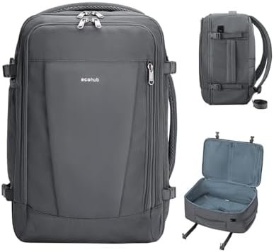 ECOHUB 17'' Travel Backpack, Personal Item Backpack with 13 Pockets, Flight Approved Carry on Backpack with USB Port & Luggage Sleeve, Travel bag for Men & Women, Water Resistant Backpack, Grey