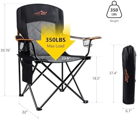 FAIR WIND 2 Pack Oversized Fully Padded Camping Chair Heavy Duty Quad Fold Arm Chair Support 350 LBS with Cup Holder, Collapsible Lumbar Back Chair Portable for Outdoor, Black - Image 3