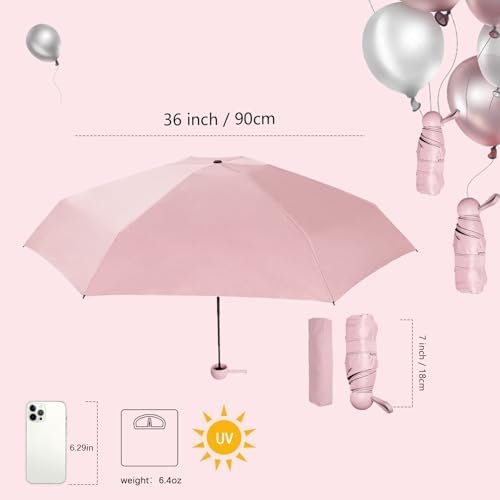ALFROTEY Mini Folding Travel Umbrella for Rain Lightweight Small Compact Pocket Umbrella for Backpack and Purse Ideal Tiny Portable Travel Umbrella for Women and Girls (Pink, S) - Image 3