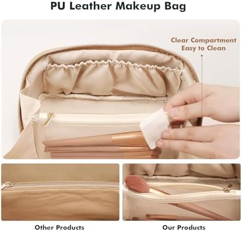 Prite Large Capacity Cosmetic Bag for Women Portable Waterproof PU Leather Makeup Bag Open Flat Makeup Organizer With Clear Divider and Handle(Beige) - Image 6