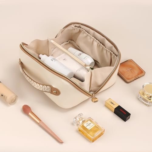 Prite Large Capacity Cosmetic Bag for Women Portable Waterproof PU Leather Makeup Bag Open Flat Makeup Organizer With Clear Divider and Handle(Beige) - Image 8