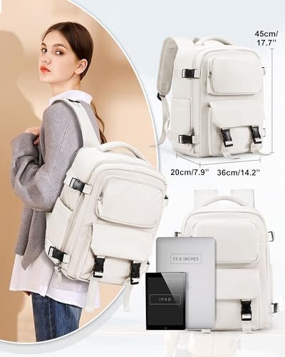 Large Travel Carry on Laptop Backpack for Women Men, Expandable Flight Approved Backpack, Waterproof Sports College bag Casual Daypack for Weekender Business Hiking with Beige - Image 2
