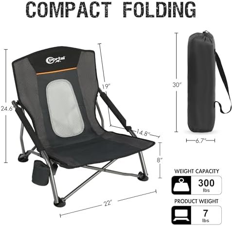 PORTAL Beach Camping Folding Chairs for Adults Low Portable Chair with Cup Holder High Mesh Back for Outdoor Lawn Sand Travel Festival Concert, 300LBS - Image 3