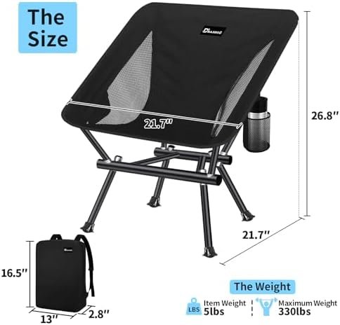 Camping Chair, Patented for Invention, Backpack, Compact Portable Folding Chair, Outdoor Camp, Lawn, Beach Chair with Side Pocket, Lightweight Hiking Chair Support 330LBS 003 (Ink) - Image 2