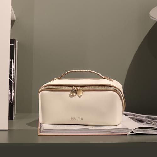 Prite Large Capacity Cosmetic Bag for Women Portable Waterproof PU Leather Makeup Bag Open Flat Makeup Organizer With Clear Divider and Handle(Beige) - Image 7