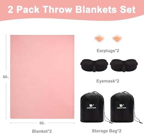 Travel Blanket Airplane Compact with Bag Throw Blankets with Sleep Masks, Earplugs, and Storage Bags for Camping Home Office 50" x 60" 2-Pack Pink - Image 7
