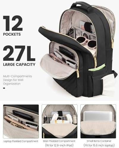LOVEVOOK Laptop Backpack Purse for Women, Work Travel Computer Bags, College School Backpack for Student Girl, Quilted Casual Daypack with USB Port, Fit 15.6 Inch Laptop, Black - Image 2