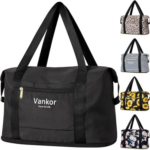 Vankor Expandable Travel Duffle Bag for Travel, Foldable Carry on Tote Bag Weekender Overnight Hosptital Bag for Men Women Lightweight Luggage Maternity Bag Black