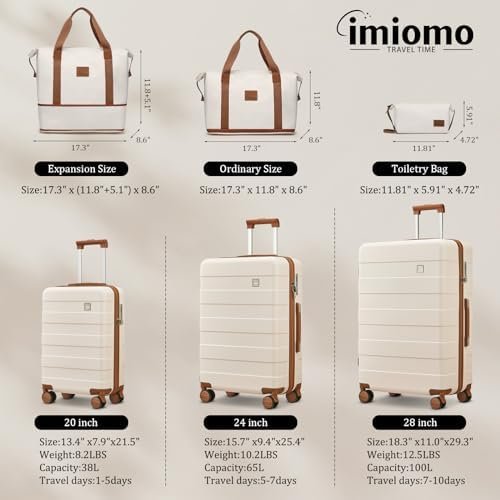 imiomo 3 Piece Luggage Sets,Suitcase with Spinner Wheels,Luggage Set Clearance for Women, Lightweight Rolling Hardside Travel Luggage with TSA Lock (Beige, 5PCS) - Image 9