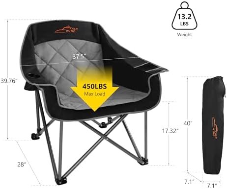 FAIR WIND 2 Pack Oversized Padded Camping Chair Heavy Duty Quad Fold Arm Chair Portable for Outdoor - Support 450LBS, Black - Image 3