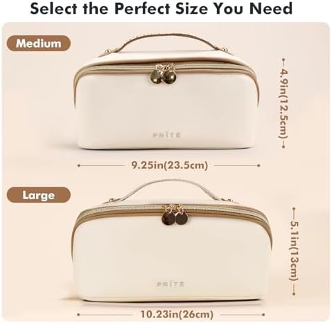 Prite Large Capacity Cosmetic Bag for Women Portable Waterproof PU Leather Makeup Bag Open Flat Makeup Organizer With Clear Divider and Handle(Beige) - Image 2