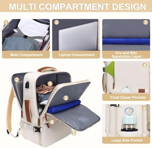 MOSISO Travel Backpack,40L Carry on Backpack for Women Men,17-17.3 inch Airline Approved Luggage Backpack with USB Port&Hidden Shoulder Strap,Casual Daypack with Toiletry Bag&Shoe Pocket, Beige - Image 2