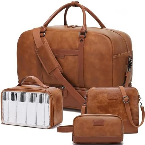Wogarl 4PCS Leather Weekender Bag for Women Men Large Overnight Bag Travel Duffel Bag with Shoe Compartment Toiletry Satchel Bag Carry On Bag Fit 21" Laptop(Light Brown)