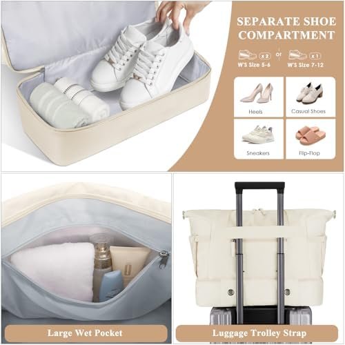 ETRONIK Gym Bag for Women, Personal Item Travel Duffel Bag with Shoes Compartment, Weekender Overnight Bag with Wet Pocket & USB Charging Port, Carry On Bag for Women, Travel, Gym, Weekend (Beige) - Image 4