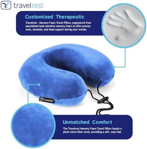 TRAVELREST - Therapeutic Memory Foam Travel & Neck Pillow - Washable Micro-Fiber Cover - Attaches to Luggage - Contours Perfectly to Your Neck and Head (2-Year Warranty) (Blue) - Image 3