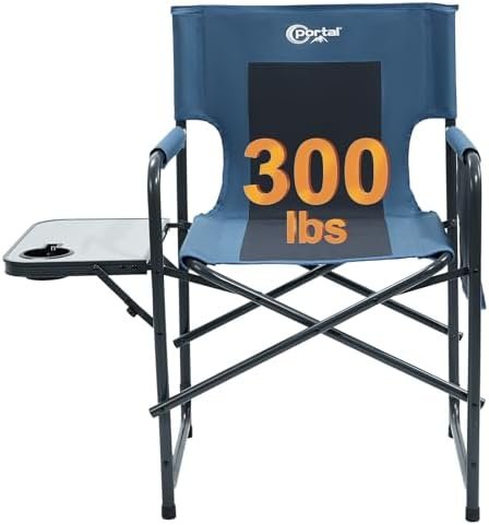 PORTAL Directors Chair Camping Chairs for Adults with Side Table Folding Lawn Chairs for Adults, Directors Chairs Foldable for Outdoor Chairs for Beach, Travel, Heavy Duty Supports 300LBS, Blue/Grey