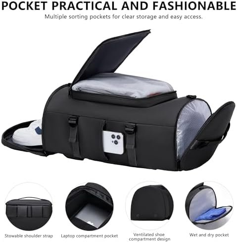 Gym Bag for Men and Women Sports Duffle Bag Travel Backpack Weekender Overnight Bag with Shoes Compartment and Wet Pocket Black - MIYCOO - Image 5