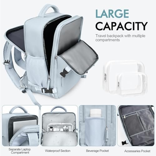 Travel Backpack for Men Women, TSA Friendly Flight Approved Carry-on Luggage Hand Backpack Underseat Personal Item, Business Work Gym Bag, Travel Essentials, Light Blue - Image 5
