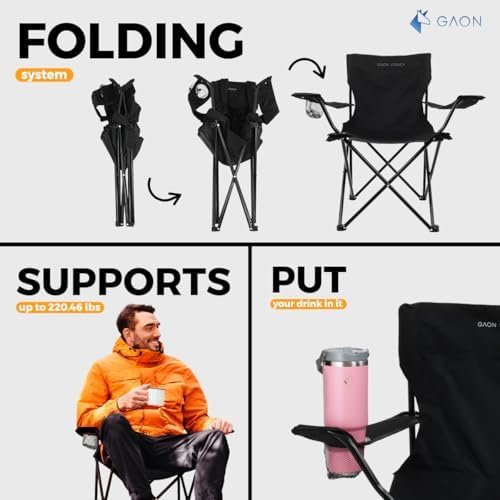 Folding Camping and Beach Chair for Outdoor with Cup Holder - Compact Lightweight Chair with Carry Bag Set of 2 (Black) - Image 7