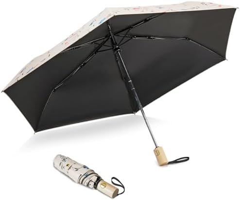 G4Free UPF 50+ UV Protection Travel Umbrella with Wooden Handle, 42 Inch Lightweight Sun Rain Folding Umbrellas Auto Open Close
