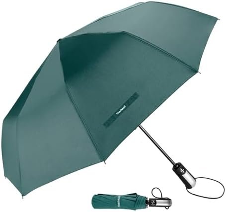 TradMall Travel Umbrella Windproof with 46 Inches Large Canopy 10 Reinforced Fiberglass Ribs Ergonomic Handle Auto Open & Close, Dark Green