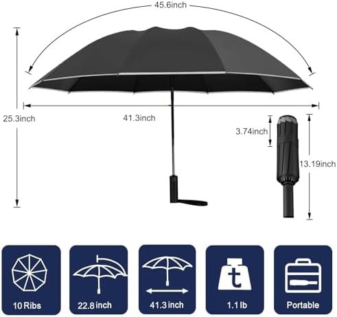 Windproof Travel Umbrella, Rain Sun and UV Resistant Auto Open Close Compact Portable Folding Umbrella for Car, Backpack, Men and Women, Black - Image 2