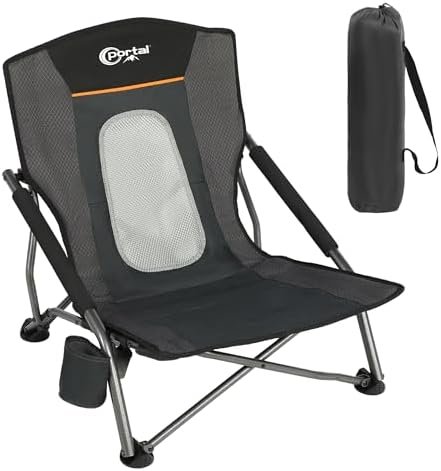 PORTAL Beach Camping Folding Chairs for Adults Low Portable Chair with Cup Holder High Mesh Back for Outdoor Lawn Sand Travel Festival Concert, 300LBS