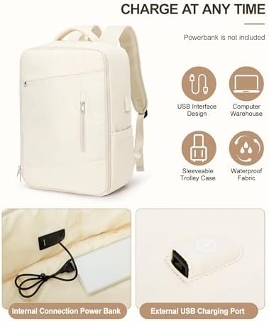Carry On Backpack for Women Men, 15.6 Inch Laptop Travel Backpack with USB Charging Port, Waterproof Personal Item Backpack Flight Approved, Casual Daypack Backpacks for College Work, Beige - Image 2