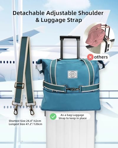 WALNEW Travel Duffel Bag, Weekender Overnight Carry On Bag for Women Men, Foldable Waterproof Gym Luggage with Metal Buckle Detachable Shoulder Strap and Wet Compartment (Peacock Blue) - Image 4