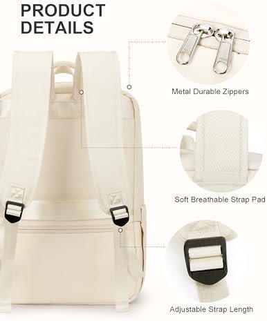 Carry On Backpack for Women Men, 15.6 Inch Laptop Travel Backpack with USB Charging Port, Waterproof Personal Item Backpack Flight Approved, Casual Daypack Backpacks for College Work, Beige - Image 8