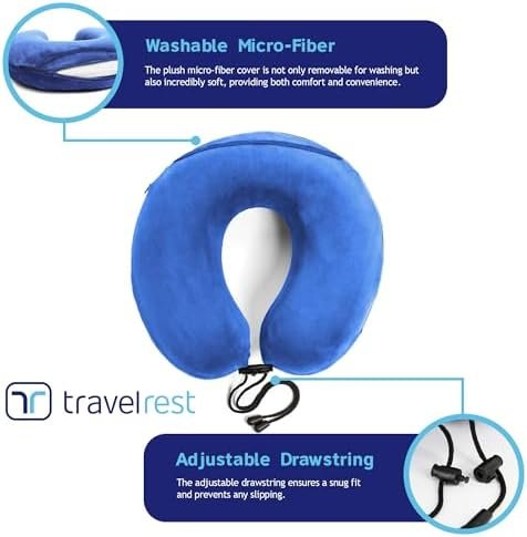 TRAVELREST - Therapeutic Memory Foam Travel & Neck Pillow - Washable Micro-Fiber Cover - Attaches to Luggage - Contours Perfectly to Your Neck and Head (2-Year Warranty) (Blue) - Image 4