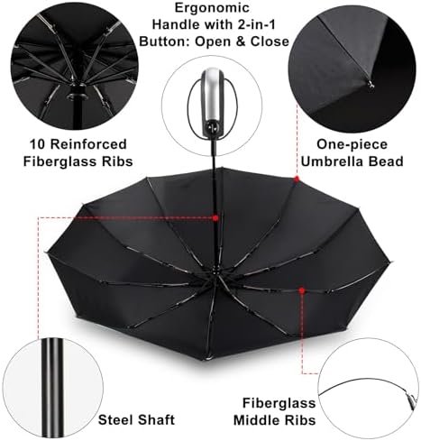 TradMall Travel Umbrella Windproof with 46 Inches Large Canopy 10 Reinforced Fiberglass Ribs Ergonomic Handle Auto Open & Close, Black - Image 4