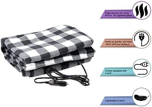Heated Car Blanket - 12-Volt Electric Blanket for Car, Truck, SUV, or RV - Portable Heated Throw - Camping Essentials by Stalwart (Black Plaid) - Image 4