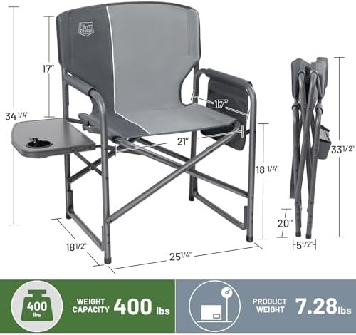 TIMBER RIDGE Lightweight Oversized Camping Chair, Portable Aluminum Directors Chair with Side Table Detachable Side Pocket for Outdoor Camping, Lawn, Picnic, Support 400lbs (Grey) Ideal Gift - Image 3