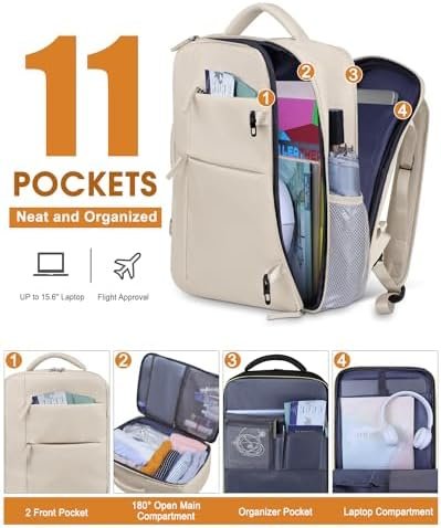 Capolo Travel Backpack for Women Men Waterproof Laptop Backpack Airlines Approved Carry On Backpack Bag Computer Bookbag for Business, Work, Traveling Fits 15.6 Inch Laptop(Beige) - Image 3