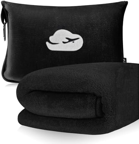 Travel Blanket Pillow with Pockets, Airplane Blanket Set, Plane Blanket Compact Packable, Flight Essentials Car Pillow - Travel Essentials Gift for Women and Men on Airplanes - Black