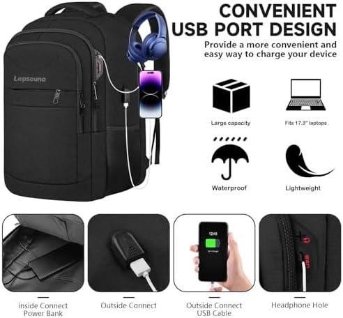Lapsouno Travel Backpack, Large Carry on Backpack, 17 Inch Laptop Backpack, Big Backpack, Extra Sturdy TSA Friendly with USB Port College School Rucksack Bag Backpack Gifts for Him Men Women, Black - Image 5