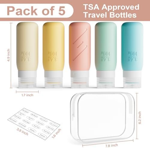 Travel Size Bottles for Toiletries, Pack of 5 Travel Bottles with Squeezable Lid, 3.4 oz TSA Approved Travel Size Containers for Shampoo, Conditioner,Lotion - Image 7
