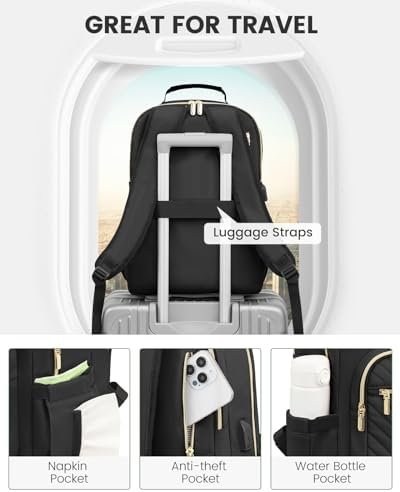 LOVEVOOK Laptop Backpack Purse for Women, Work Travel Computer Bags, College School Backpack for Student Girl, Quilted Casual Daypack with USB Port, Fit 15.6 Inch Laptop, Black - Image 4