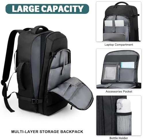 Travel Backpack for Women/Men,Waterproof Carry On Backpack with Laptop Compartment,Travel Essentials Backpack for Traveling,Business Hiking,Casual,Gym(Black) - Image 3