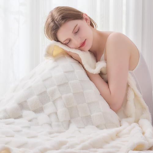 NEWCOSPLAY Super Soft Throw Blanket Ivory Premium Silky Flannel Fleece 3D Checkered Lightweight Bed Blanket All Season Use (Ivory Checkered, Throw(50"x70")) - Image 2