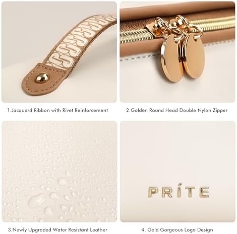 Prite Large Capacity Cosmetic Bag for Women Portable Waterproof PU Leather Makeup Bag Open Flat Makeup Organizer With Clear Divider and Handle(Beige) - Image 5