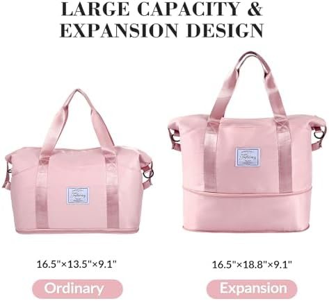 Travel Duffel Bag - Large Shoulder Weekender Overnight Bag, Carry on Bag with Wet Pocket, Waterproof Expandable Duffel Bag with Trolley Sleeve, Sports Tote Gym Bag for Women, Pink - Image 3
