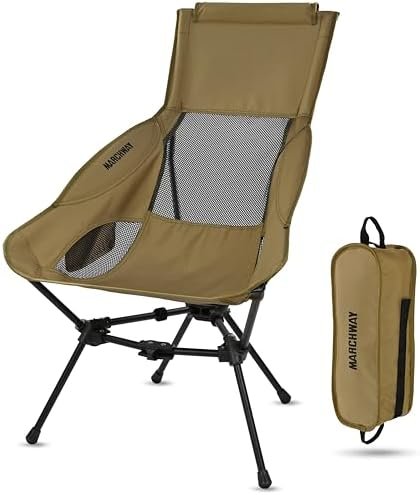 MARCHWAY Lightweight Folding High Back Camping Chair with Head Support, Stable Portable Compact for Outdoor Camp, Travel, Beach, Picnic, Festival, Hiking, Backpacking (Khaki)