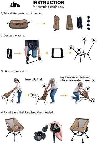 iClimb Ultralight Compact Camping Folding Beach Chair with Anti-Sinking Large Feet and Back Support Webbing (Black - Square Frame) - Image 7