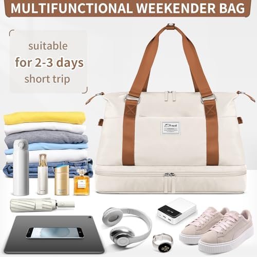 ETRONIK Weekender Bags for Women, Gym Bag with Shoes Compartment & Wet Pocket, Travel Duffel Bag with Trolley Sleeve for Personal Item Travel, Overnight Carry on Bag, Beige - Image 2